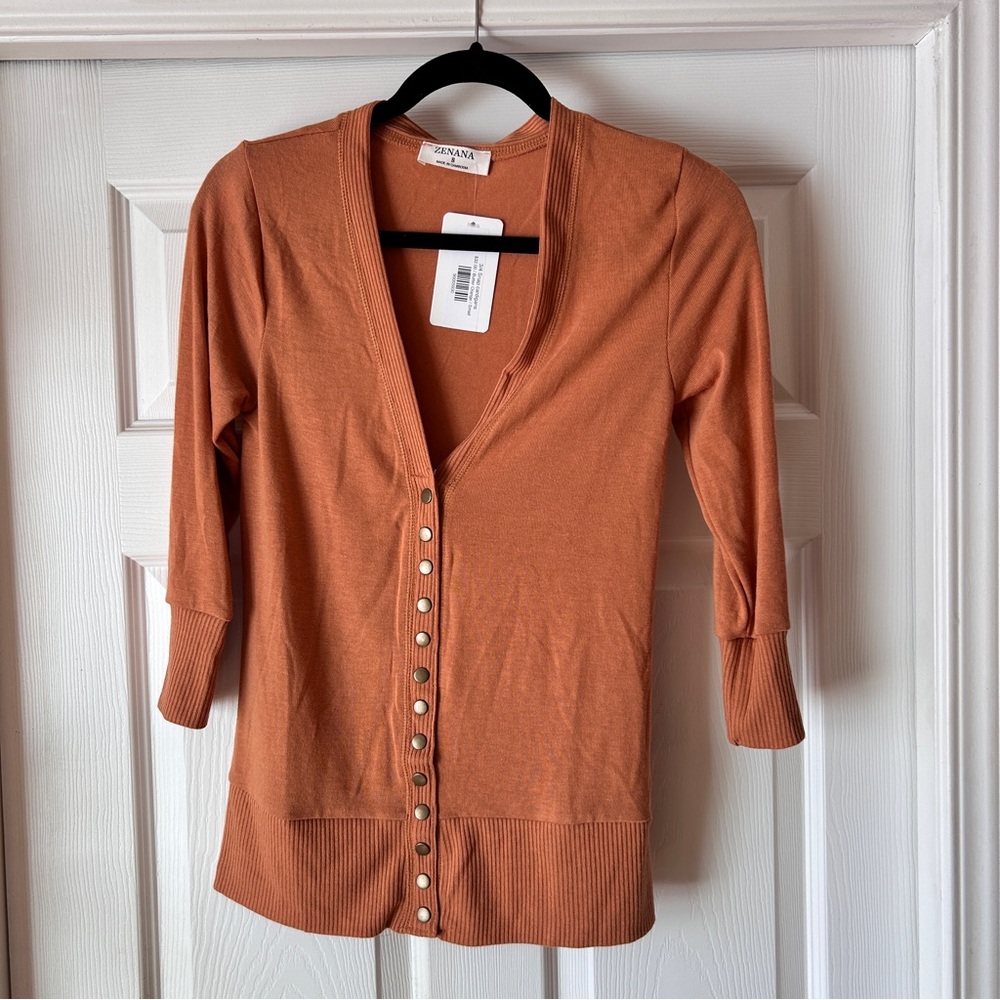 NWT ZENANA Butter Orange 3/4 Length Sleeve Snap Cardigan Size S HW 2049AB